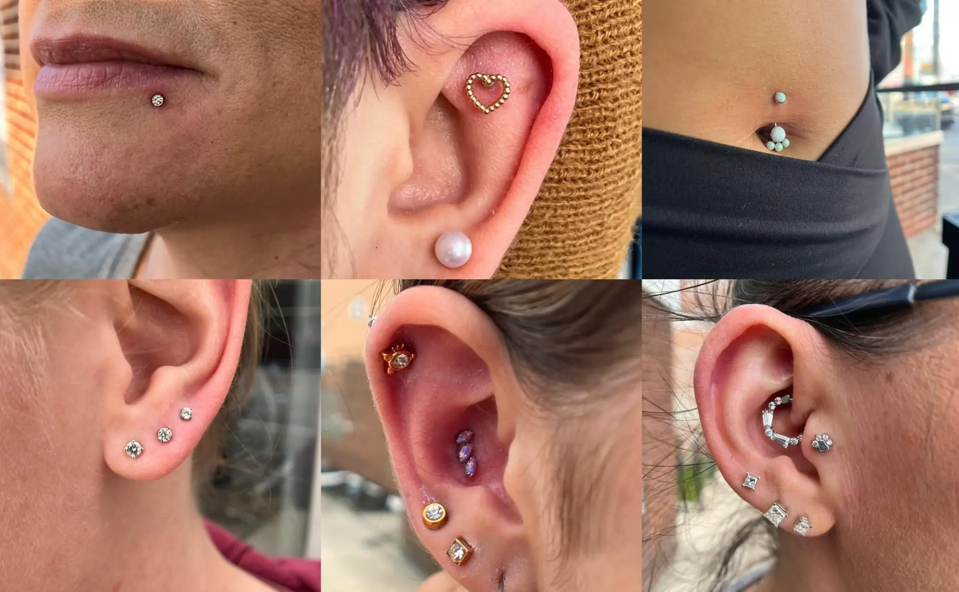 Six healed piercings with quality jewelry — ear, nostril and navel