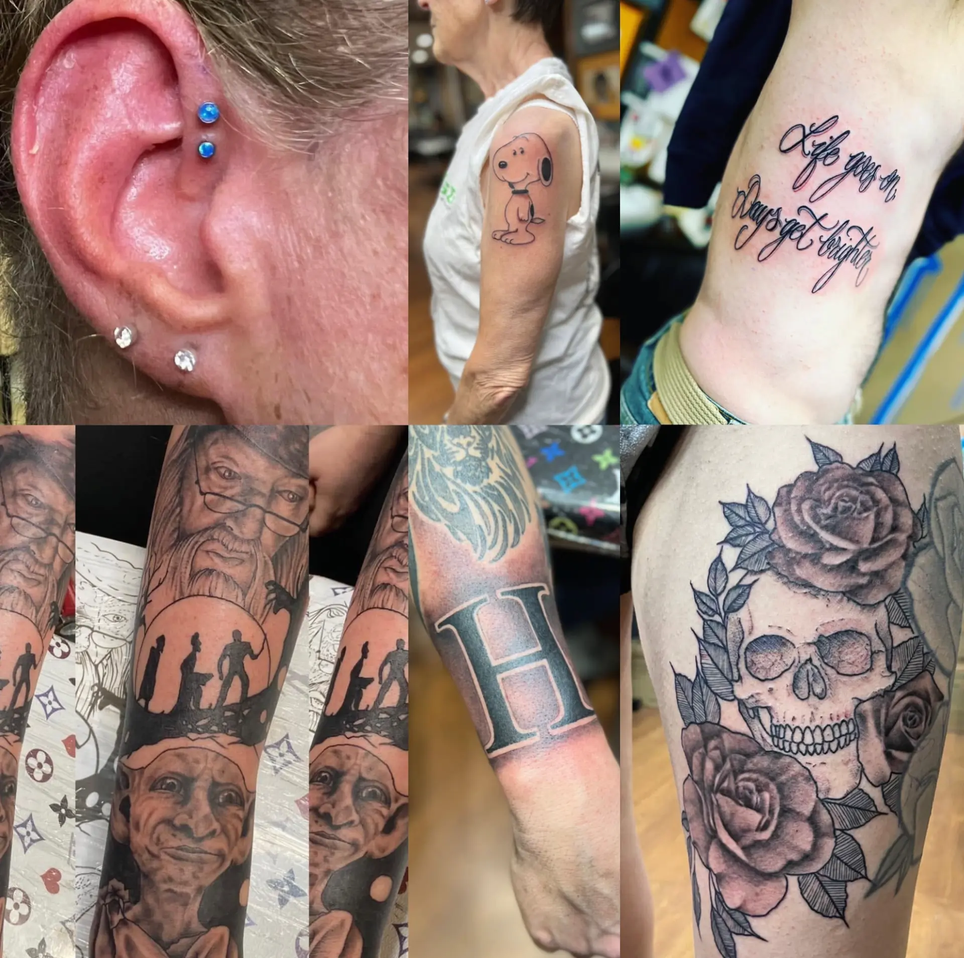 A collage of WarHawk work: piercings, Snoopy, script, portrait sleeve, bold lettering and a skull with roses